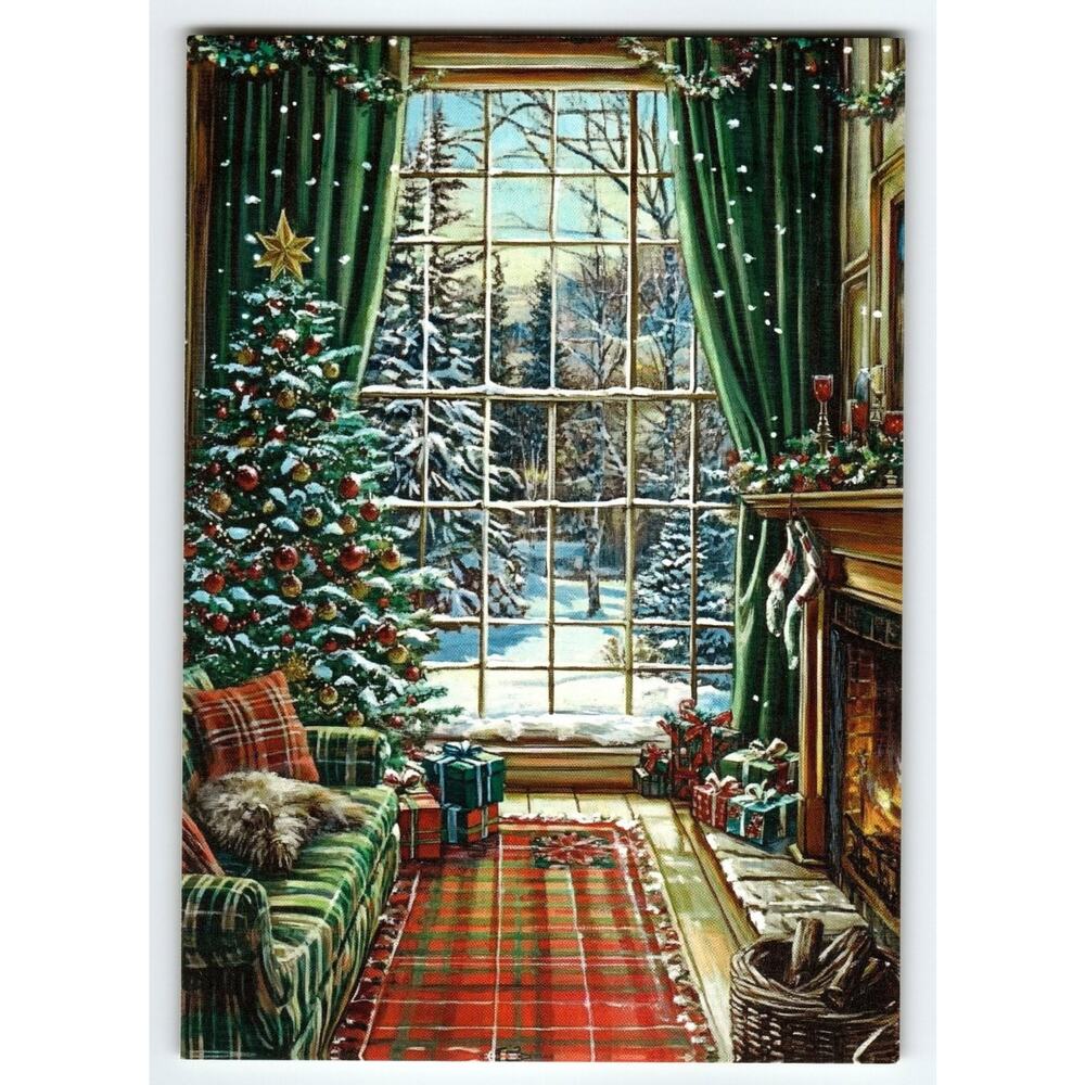 Vintage Christmas Lithograph Postcard Cozy Fireplace & Tree 5.5x4"